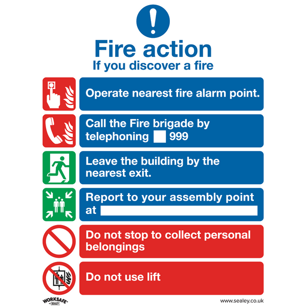 Sealey SS19P10 Fire Action With Lift - Safe Conditions Safety Sign - Rigid Plastic - Pack of 10