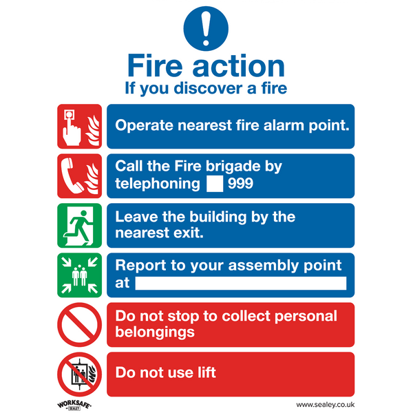 Sealey SS19V10 Fire Action With Lift - Safe Conditions Safety Sign - Self-Adhesive Vinyl - Pack of 10