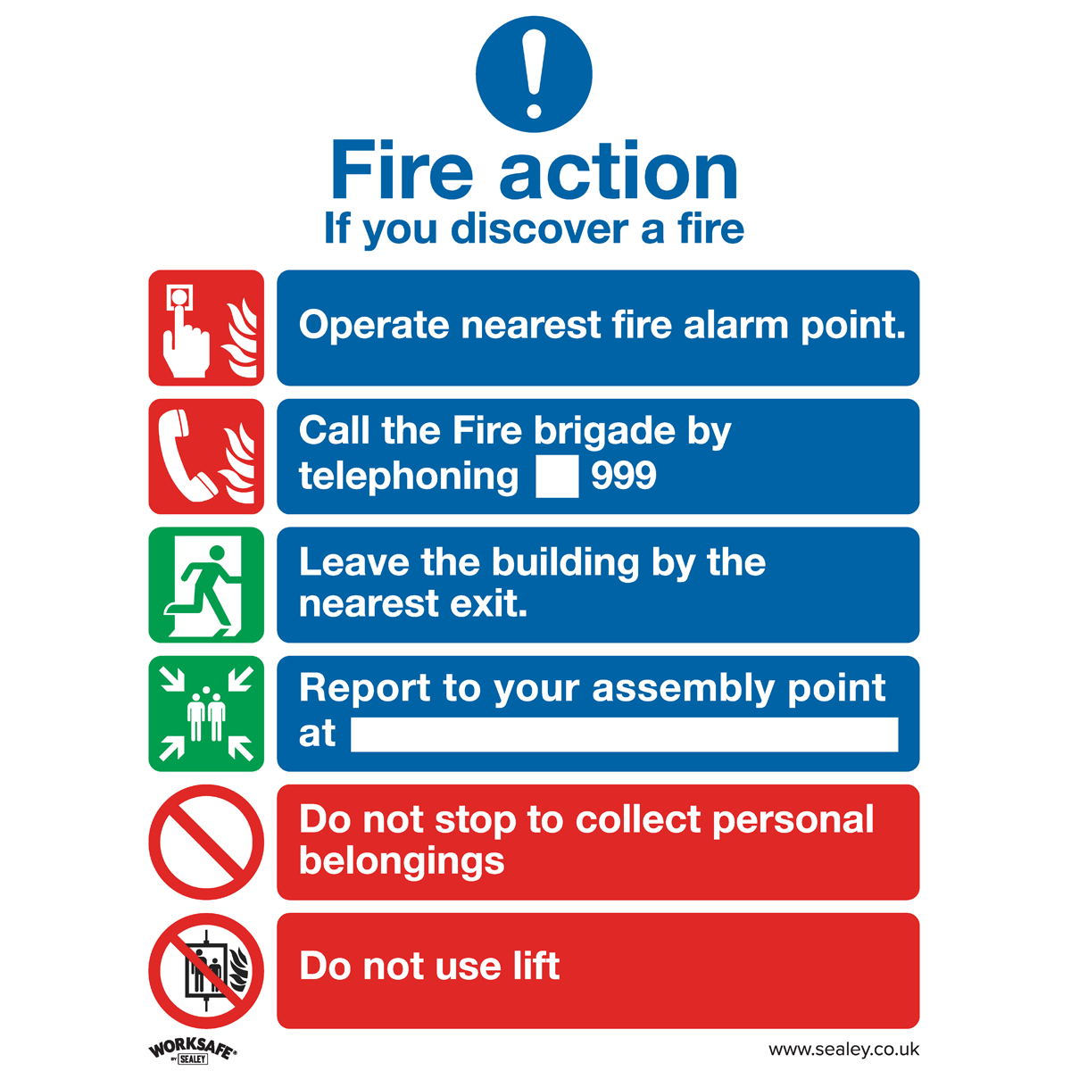 Sealey SS19V1 Fire Action With Lift - Safe Conditions Safety Sign - Self-Adhesive Vinyl