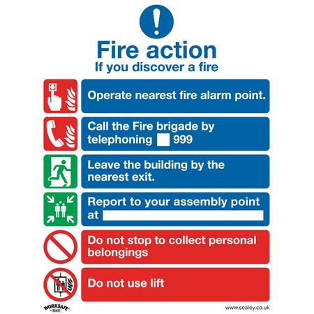 Sealey SS19V1 Fire Action With Lift - Safe Conditions Safety Sign - Self-Adhesive Vinyl