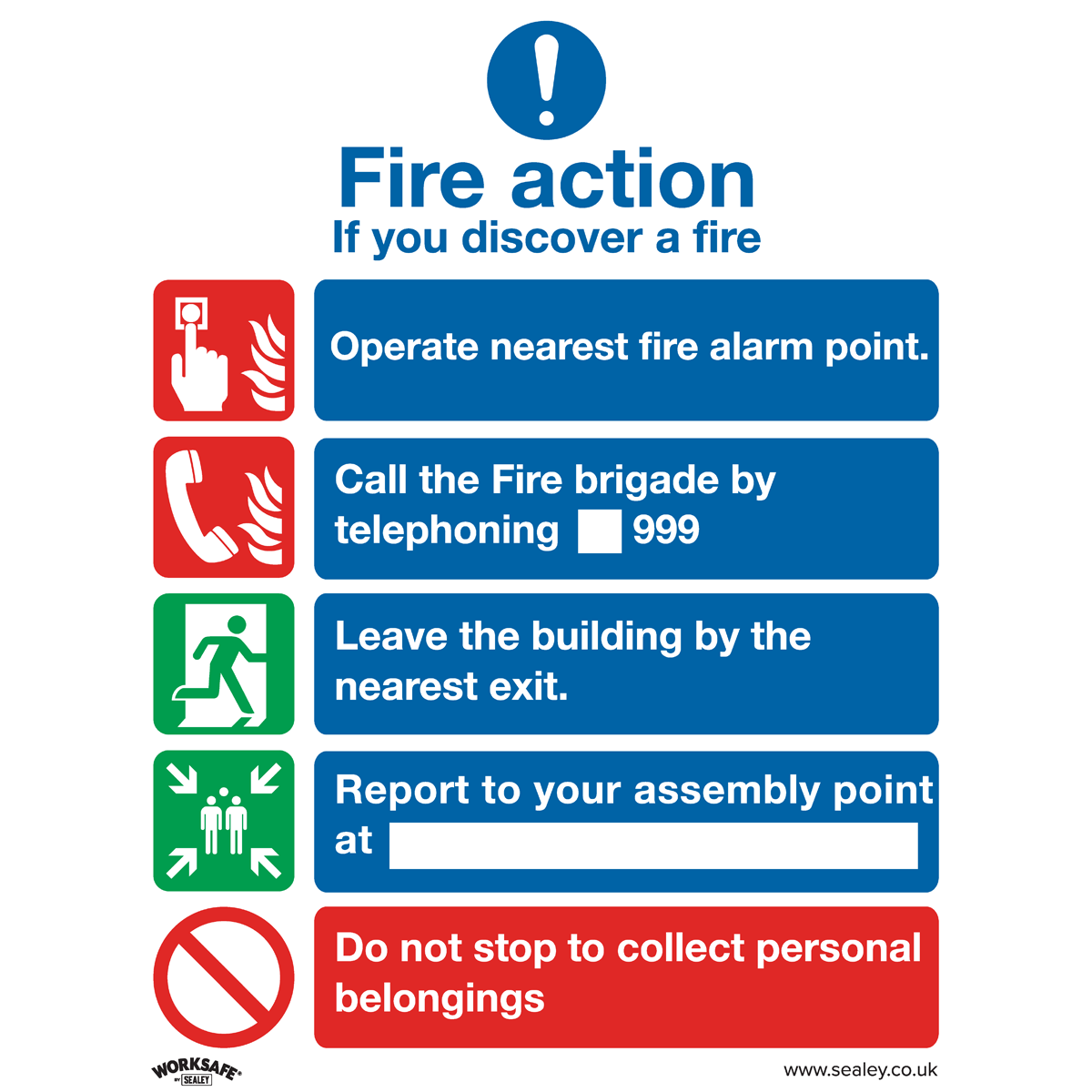 Sealey SS20P10 Fire Action Without Lift - Safe Conditions Safety Sign - Rigid Plastic - Pack of 10