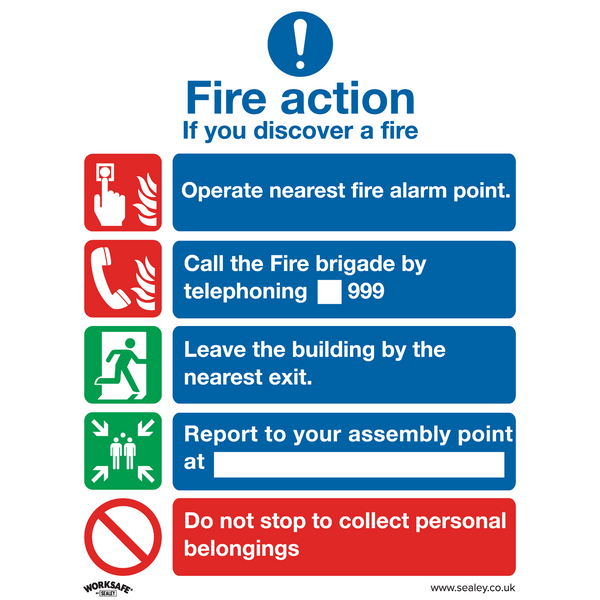 Sealey SS20P10 Fire Action Without Lift - Safe Conditions Safety Sign - Rigid Plastic - Pack of 10