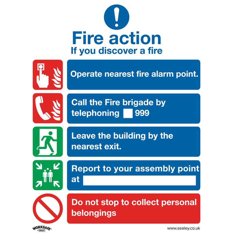 Sealey SS20P10 Fire Action Without Lift - Safe Conditions Safety Sign - Rigid Plastic - Pack of 10