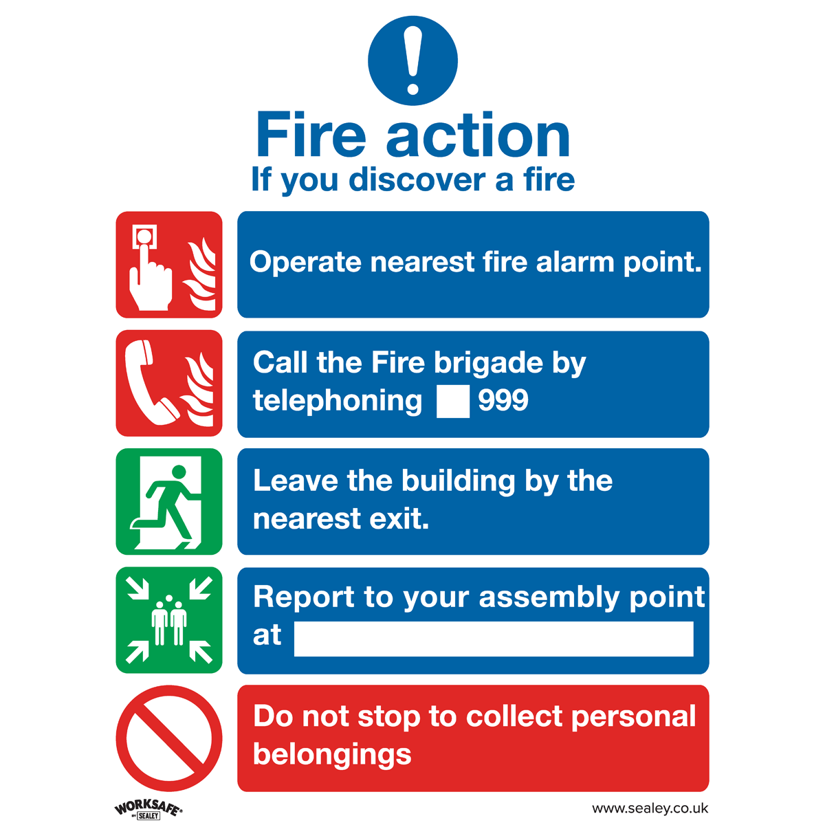 Sealey SS20V10 Fire Action Without Lift - Safe Conditions Safety Sign - Self-Adhesive Vinyl - Pack of 10