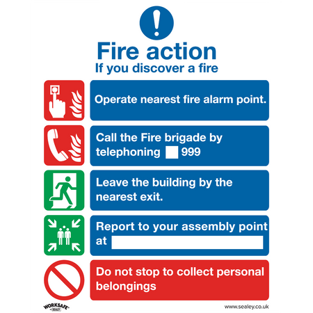 Sealey SS20V10 Fire Action Without Lift - Safe Conditions Safety Sign - Self-Adhesive Vinyl - Pack of 10