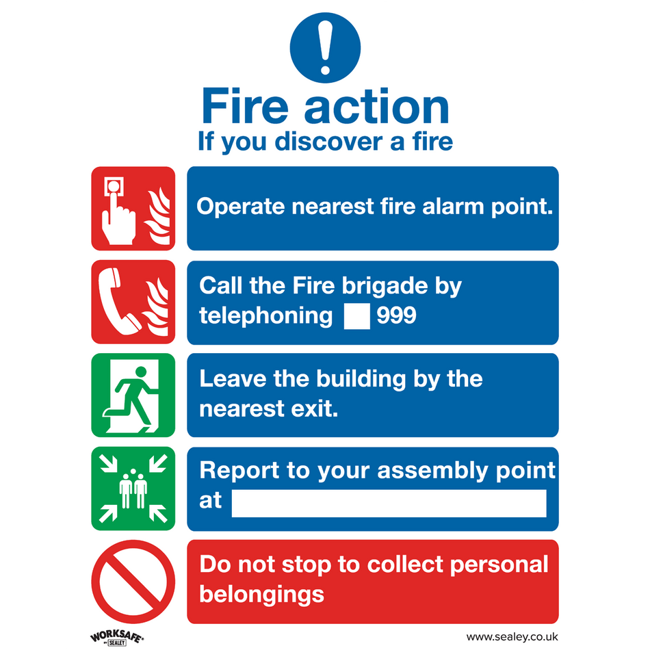 Sealey SS20V1 Fire Action Without Lift - Safe Conditions Safety Sign - Self-Adhesive Vinyl
