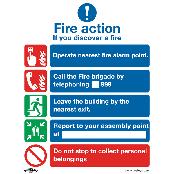 Sealey SS20V1 Fire Action Without Lift - Safe Conditions Safety Sign - Self-Adhesive Vinyl