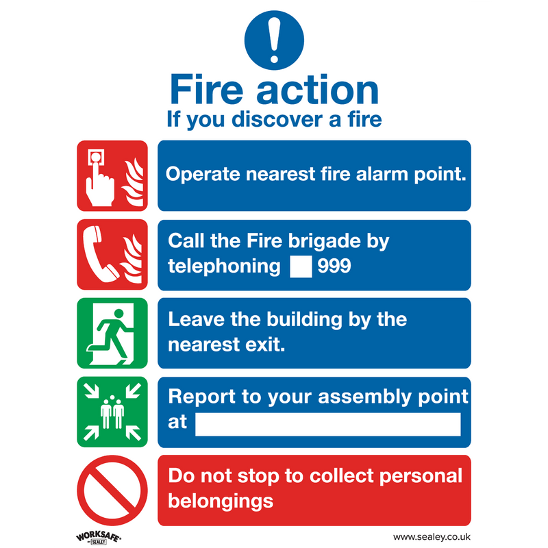 Sealey SS20V1 Fire Action Without Lift - Safe Conditions Safety Sign - Self-Adhesive Vinyl