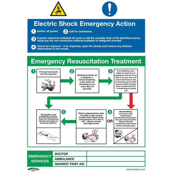 Sealey SS33P1 Electric Shock Emergency Action - Safe Conditions Safety Sign - Rigid Plastic