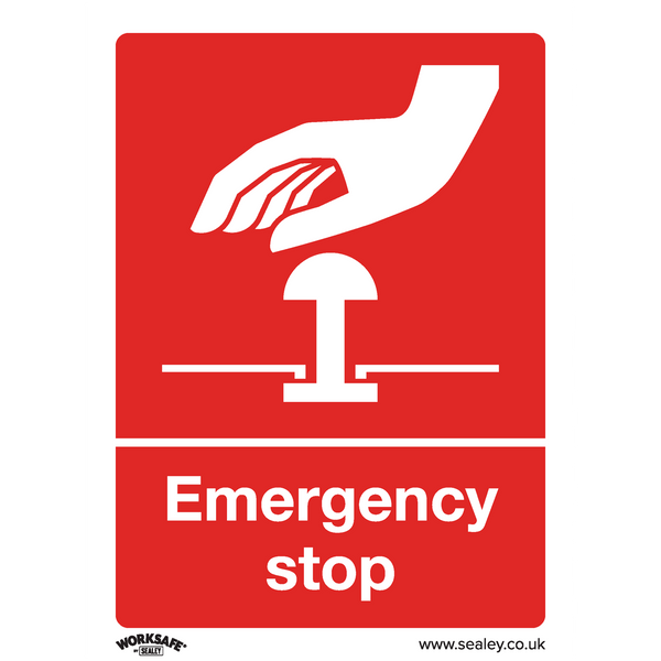 Sealey SS35V10 Emergency Stop - Safe Conditions Safety Sign - Self-Adhesive Vinyl - Pack of 10