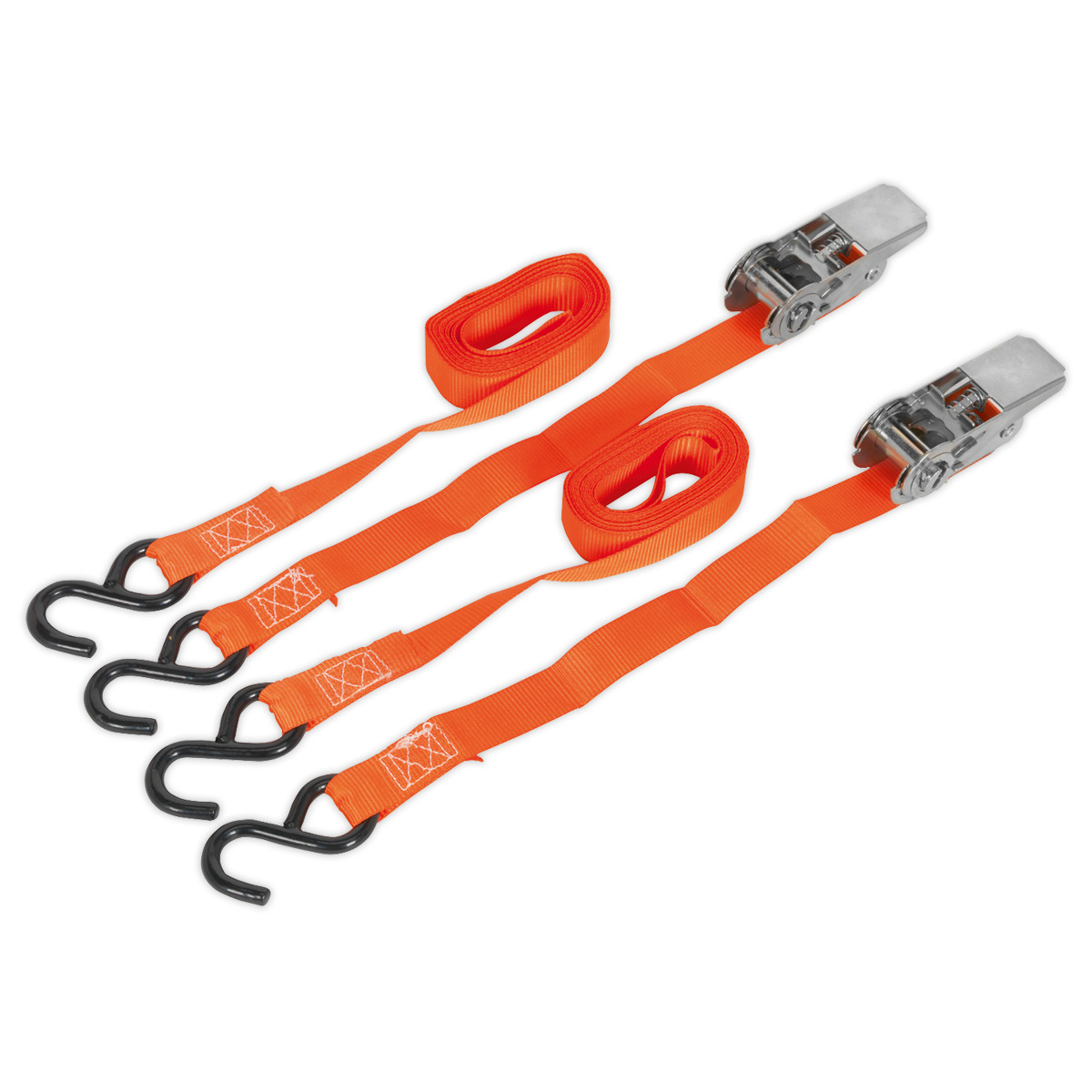 Sealey TD0540S2 25mm x 4m Polyester Webbing Ratchet Tie Down with S-Hooks 500kg Breaking Strength - Pair