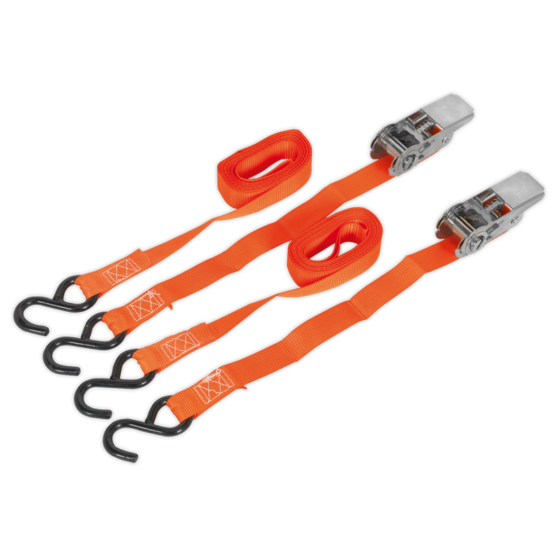 Sealey TD0540S2 25mm x 4m Polyester Webbing Ratchet Tie Down with S-Hooks 500kg Breaking Strength - Pair