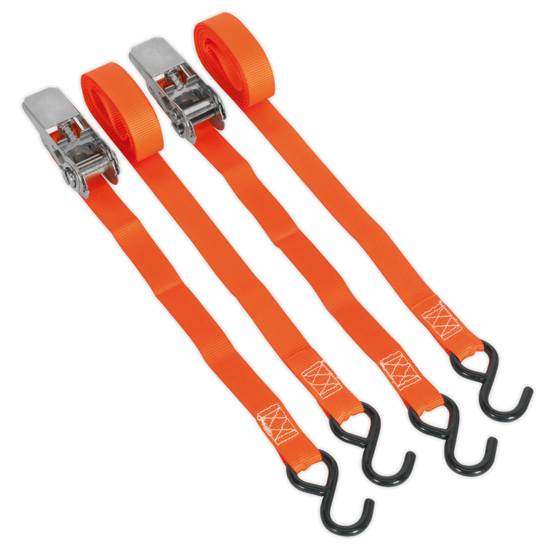 Sealey TD0540S2 25mm x 4m Polyester Webbing Ratchet Tie Down with S-Hooks 500kg Breaking Strength - Pair