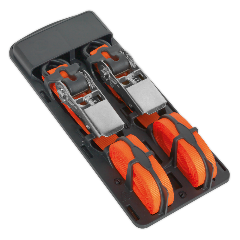 Sealey TD0540S2 25mm x 4m Polyester Webbing Ratchet Tie Down with S-Hooks 500kg Breaking Strength - Pair