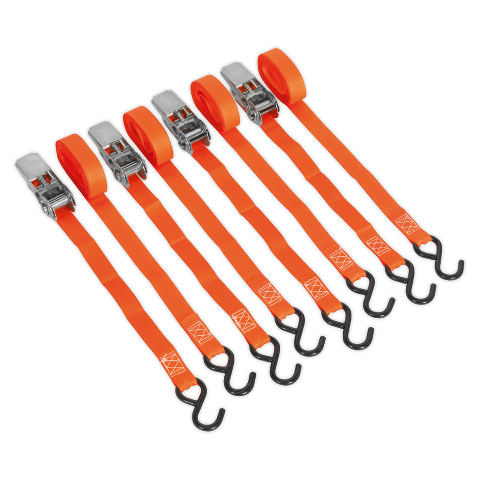 Sealey TD0540S4 25mm x 4m Polyester Webbing Ratchet Tie Down with S-Hooks 500kg Breaking Strength - 2 Pairs