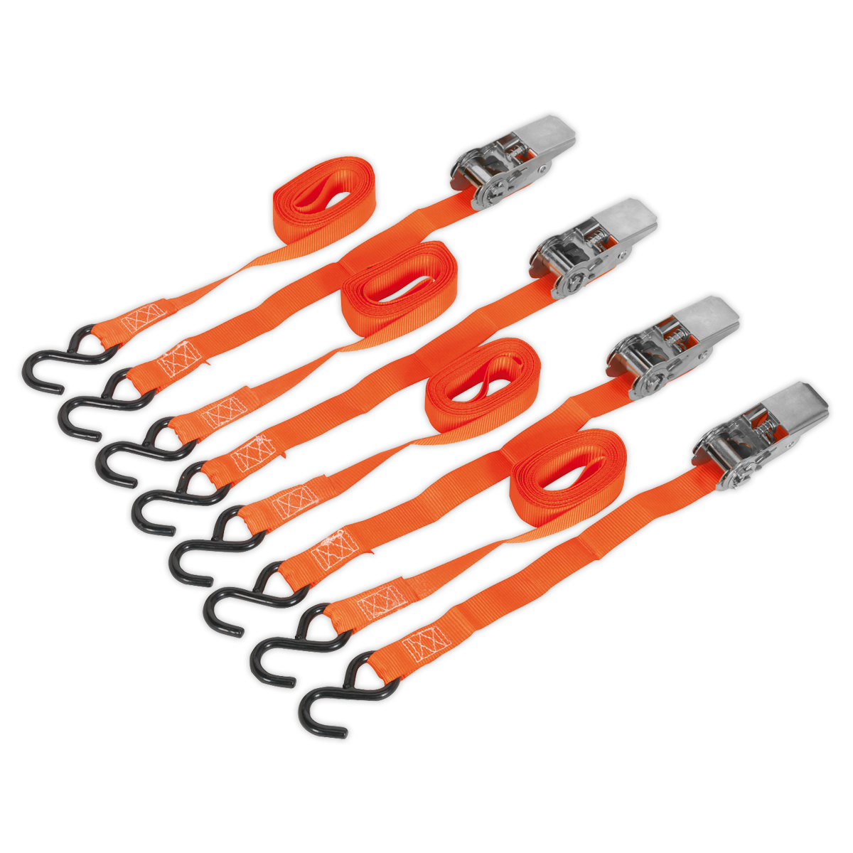 Sealey TD0540S4 25mm x 4m Polyester Webbing Ratchet Tie Down with S-Hooks 500kg Breaking Strength - 2 Pairs
