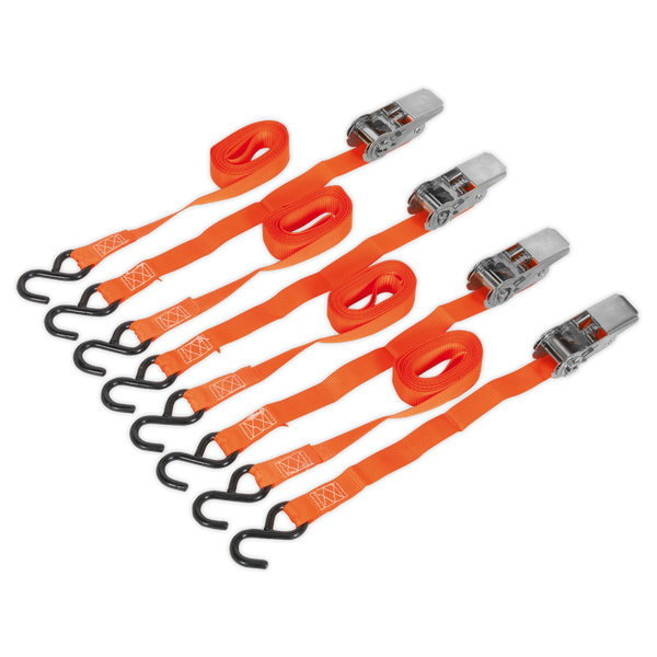 Sealey TD0540S4 25mm x 4m Polyester Webbing Ratchet Tie Down with S-Hooks 500kg Breaking Strength - 2 Pairs