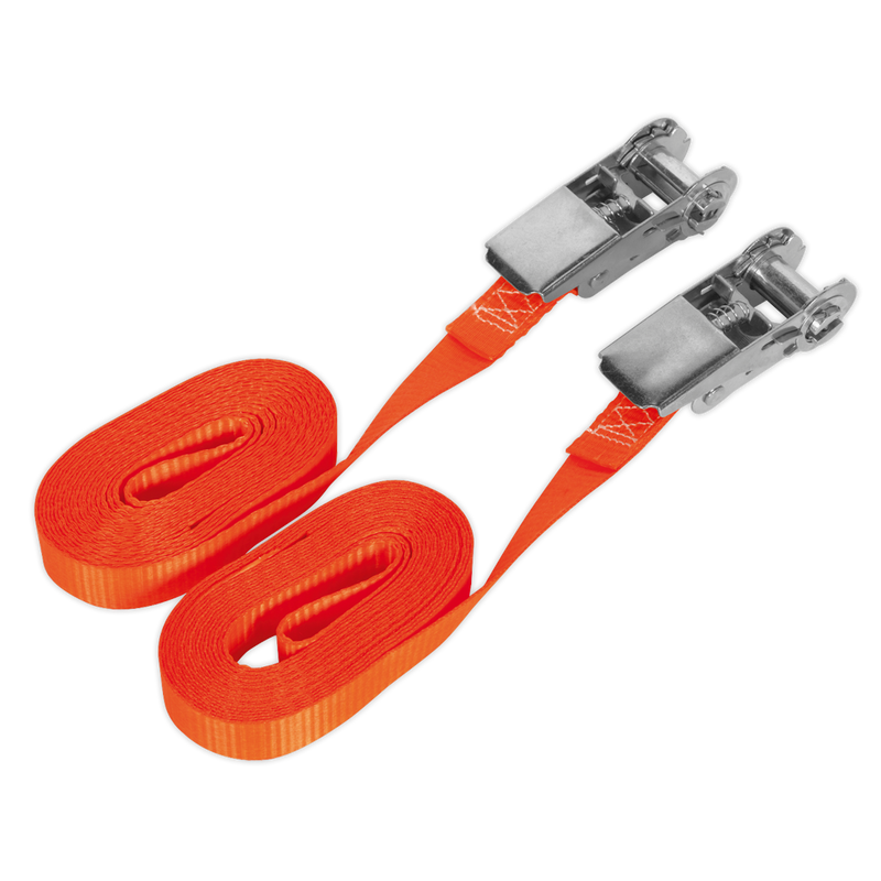 Sealey TD08045E 25mm x 4.5m Self-Securing Ratchet Tie Down 800kg Breaking Strength - Pair