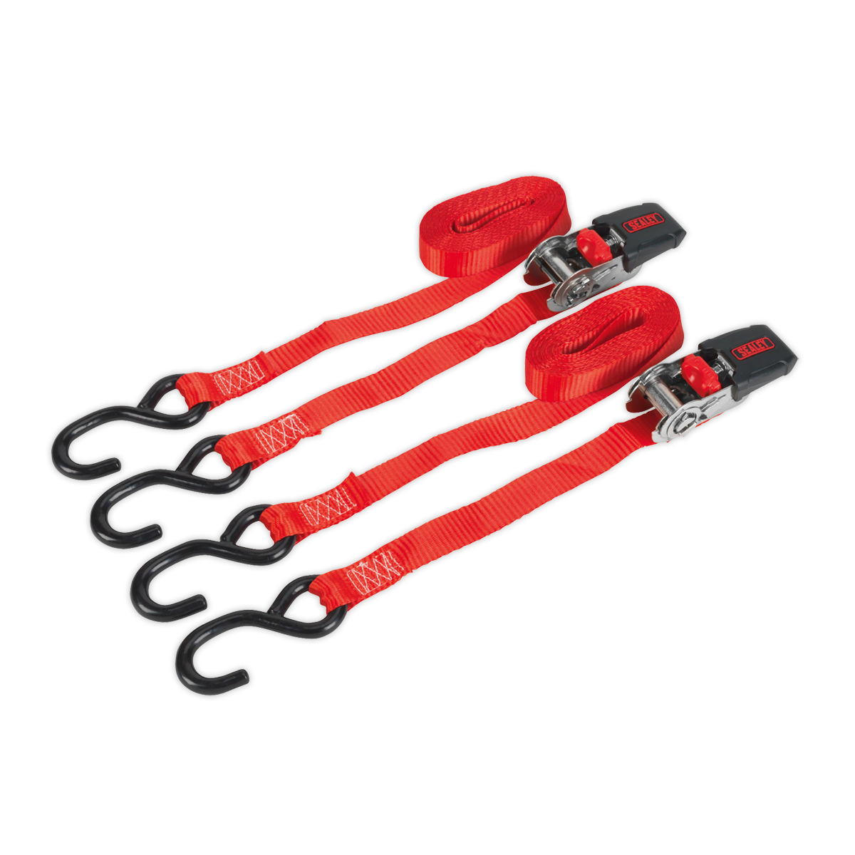 Sealey TD284SD 25mm x 4m Polyester Webbing Ratchet Tie Down with S-Hooks 800kg Breaking Strength - Pair