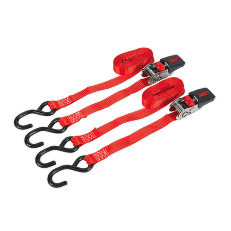 Sealey TD284SD 25mm x 4m Polyester Webbing Ratchet Tie Down with S-Hooks 800kg Breaking Strength - Pair