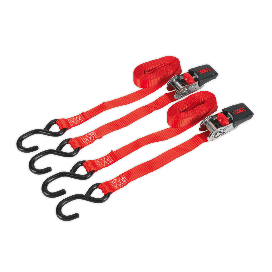 Sealey TD284SD 25mm x 4m Polyester Webbing Ratchet Tie Down with S-Hooks 800kg Breaking Strength - Pair
