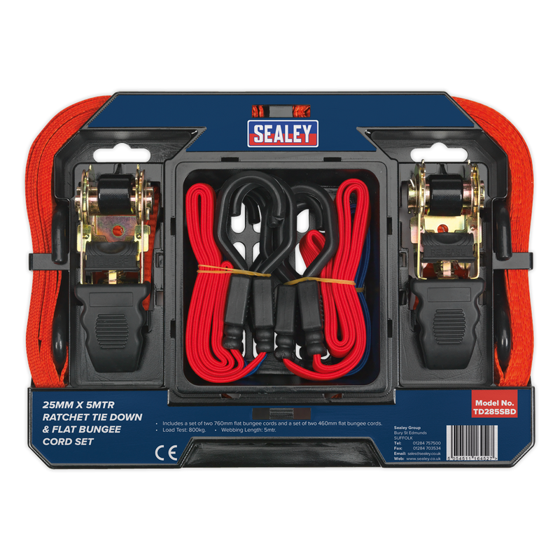 Sealey TD285SBD 6pc Ratchet Tie Down & Flat Bungee Cord Set