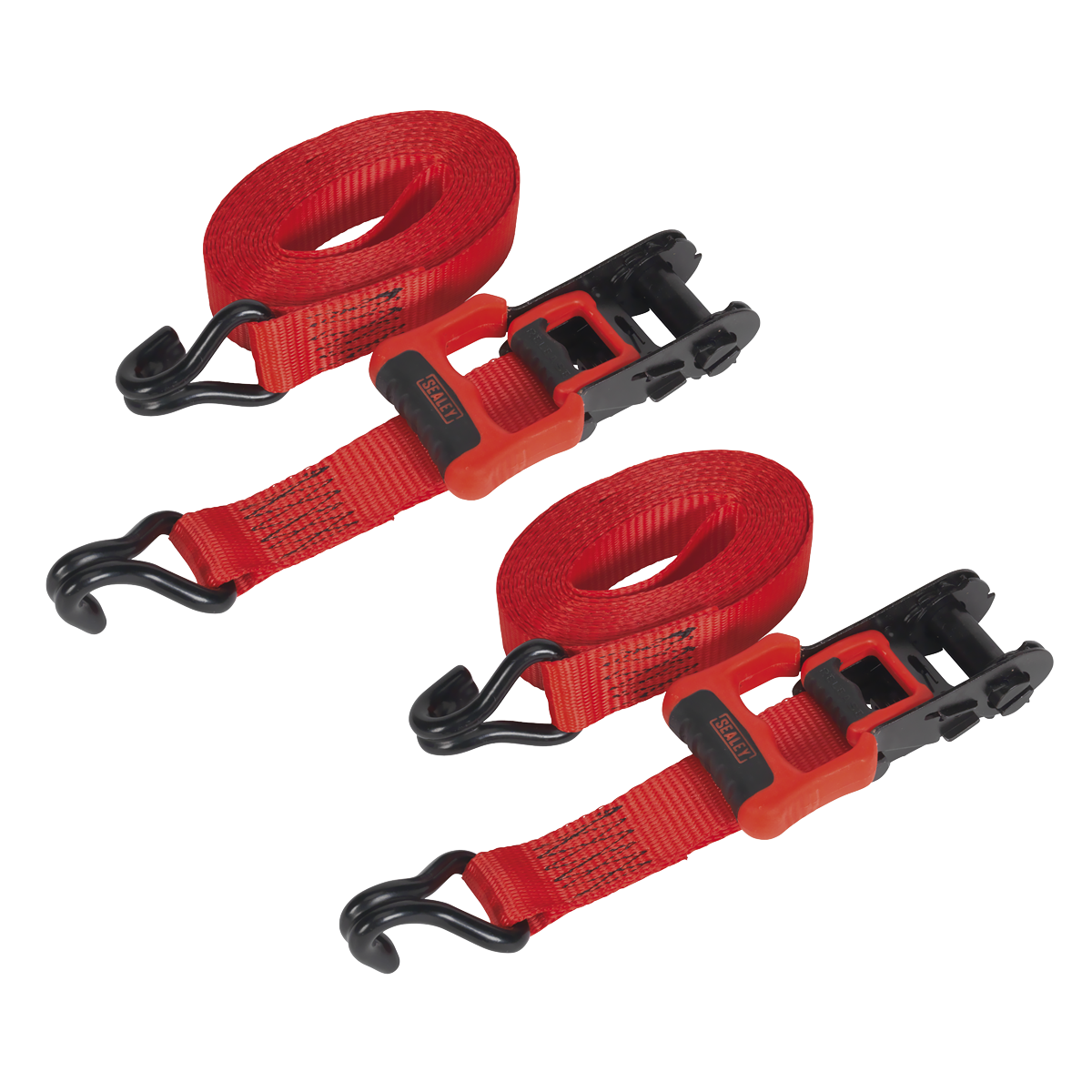 Sealey TD41248JD 32mm x 4.9m Polyester Webbing Ratchet Tie Down with J-Hooks 1200kg Breaking Strength - 1 Pair