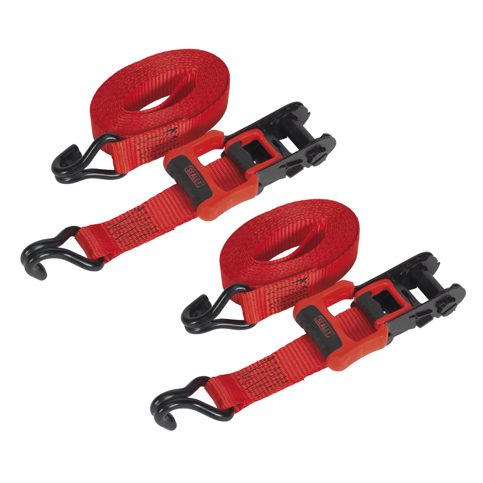 Sealey TD41248JD 32mm x 4.9m Polyester Webbing Ratchet Tie Down with J-Hooks 1200kg Breaking Strength - 1 Pair