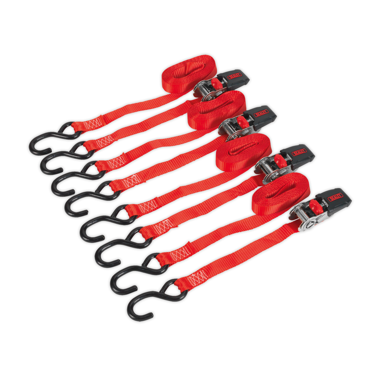 Sealey TD484SD 25mm x 4m Polyester Webbing Ratchet Tie Down with S-Hooks 800kg Breaking Strength - 2 Pairs