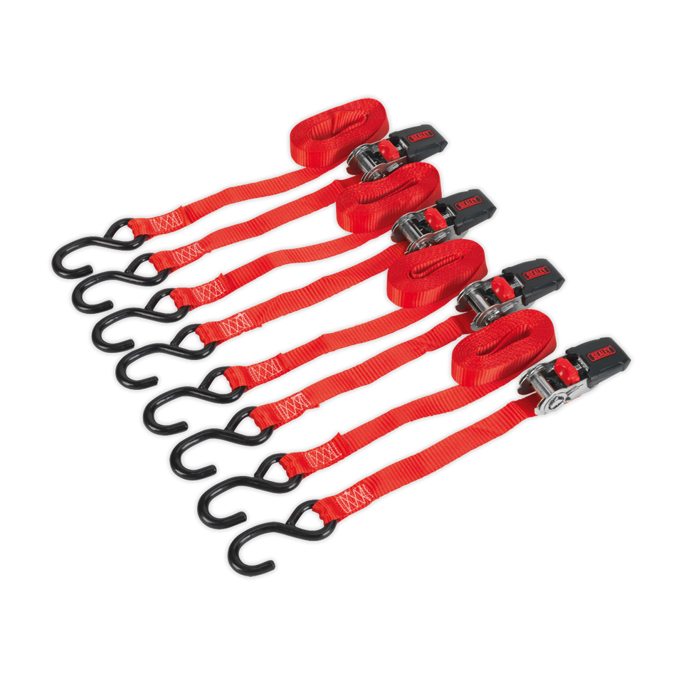 Sealey TD484SD 25mm x 4m Polyester Webbing Ratchet Tie Down with S-Hooks 800kg Breaking Strength - 2 Pairs