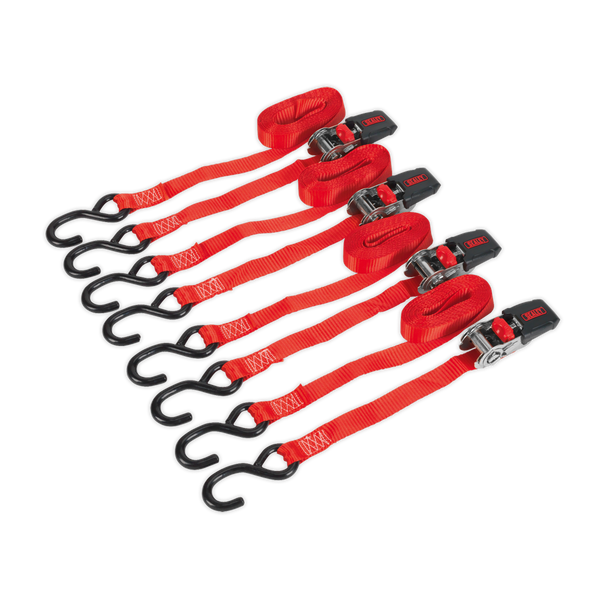 Sealey TD484SD 25mm x 4m Polyester Webbing Ratchet Tie Down with S-Hooks 800kg Breaking Strength - 2 Pairs