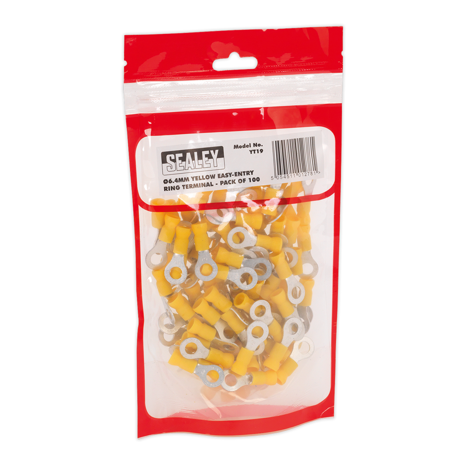 Sealey YT19 6.4mm (1/4") Yellow Easy-Entry Ring Terminal - Pack of 100