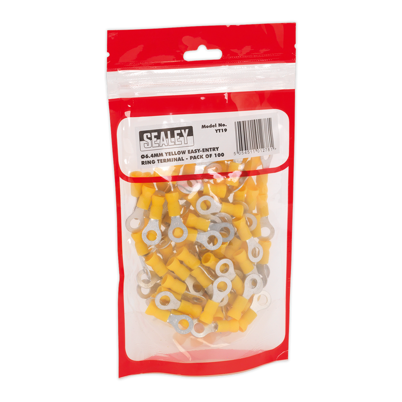 Sealey YT19 6.4mm (1/4") Yellow Easy-Entry Ring Terminal - Pack of 100