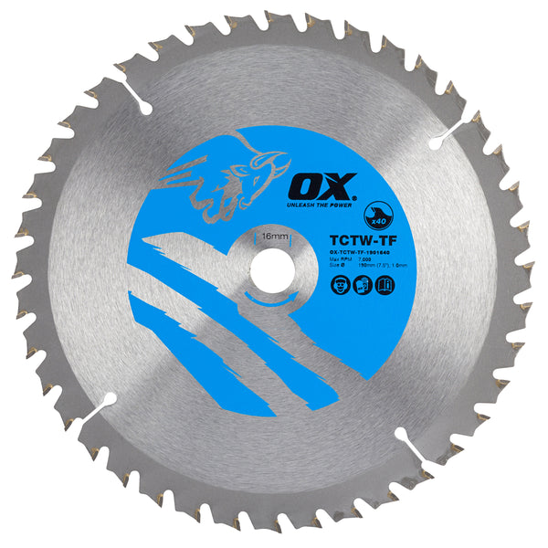 OX Tools OX-TCTW-TF-1901640 Wood Cutting Thin Kerf Circular Saw Blade 190/16mm, 40 Teeth ATB