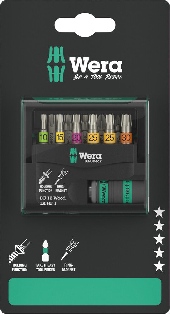 Wera 05073641001 Bit-Check 12 Wood TX HF 1 SB, 12 pieces