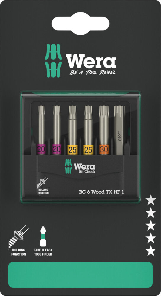 Wera 05073639001 Bit-Check 6 Wood TX HF 1 SB, 6 pieces