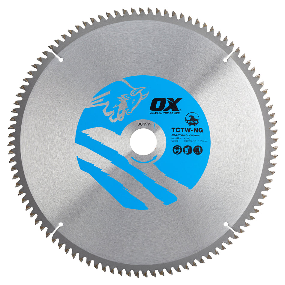 OX Tools OX-TCTW-NG-30530100 Wood Cutting Negative Rake Circular Saw Blade 305/30mm, 100 Teeth TCG
