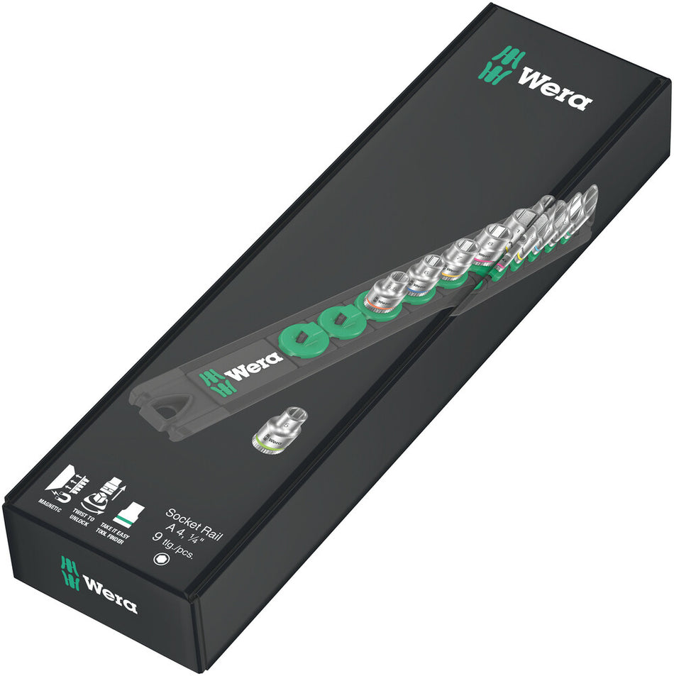 Wera 05005400001 Magnetic socket rail A 4 Zyklop socket set, 1/4" drive, 9 pieces