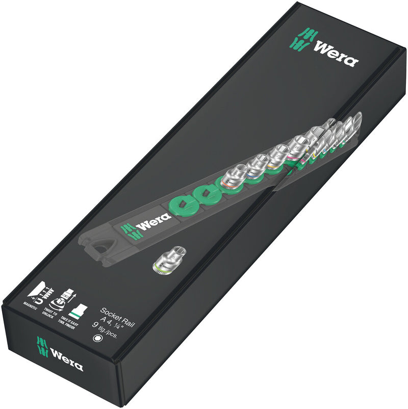 Wera 05005400001 Magnetic socket rail A 4 Zyklop socket set, 1/4" drive, 9 pieces