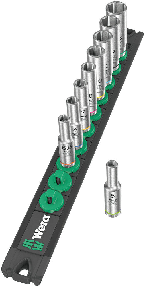 Wera 05005410001 Magnetic socket rail A Deep 1 socket set, 1/4" drive, 9 pieces